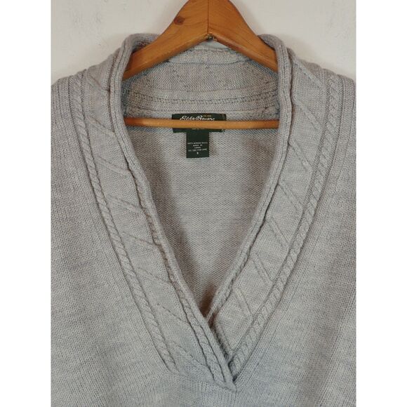Eddie Bauer Merino Wool Gray Sweater Small V-Neck Layering Cable Knit Classic - Picture 2 of 10